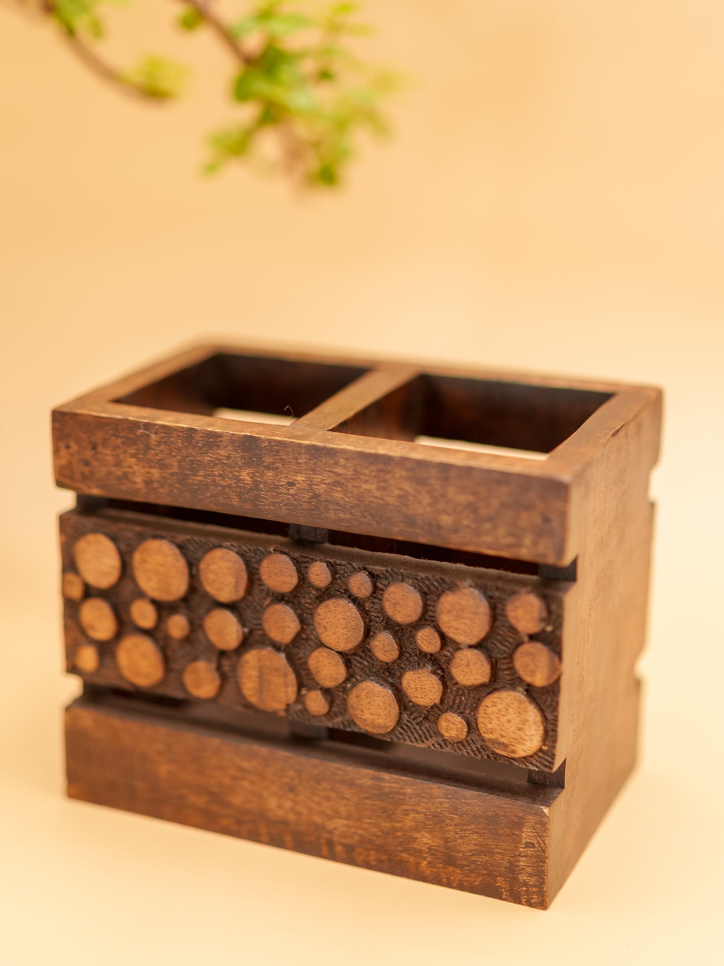 Handcrafted wooden pen holder with circular pattern, Indian home decor organizer