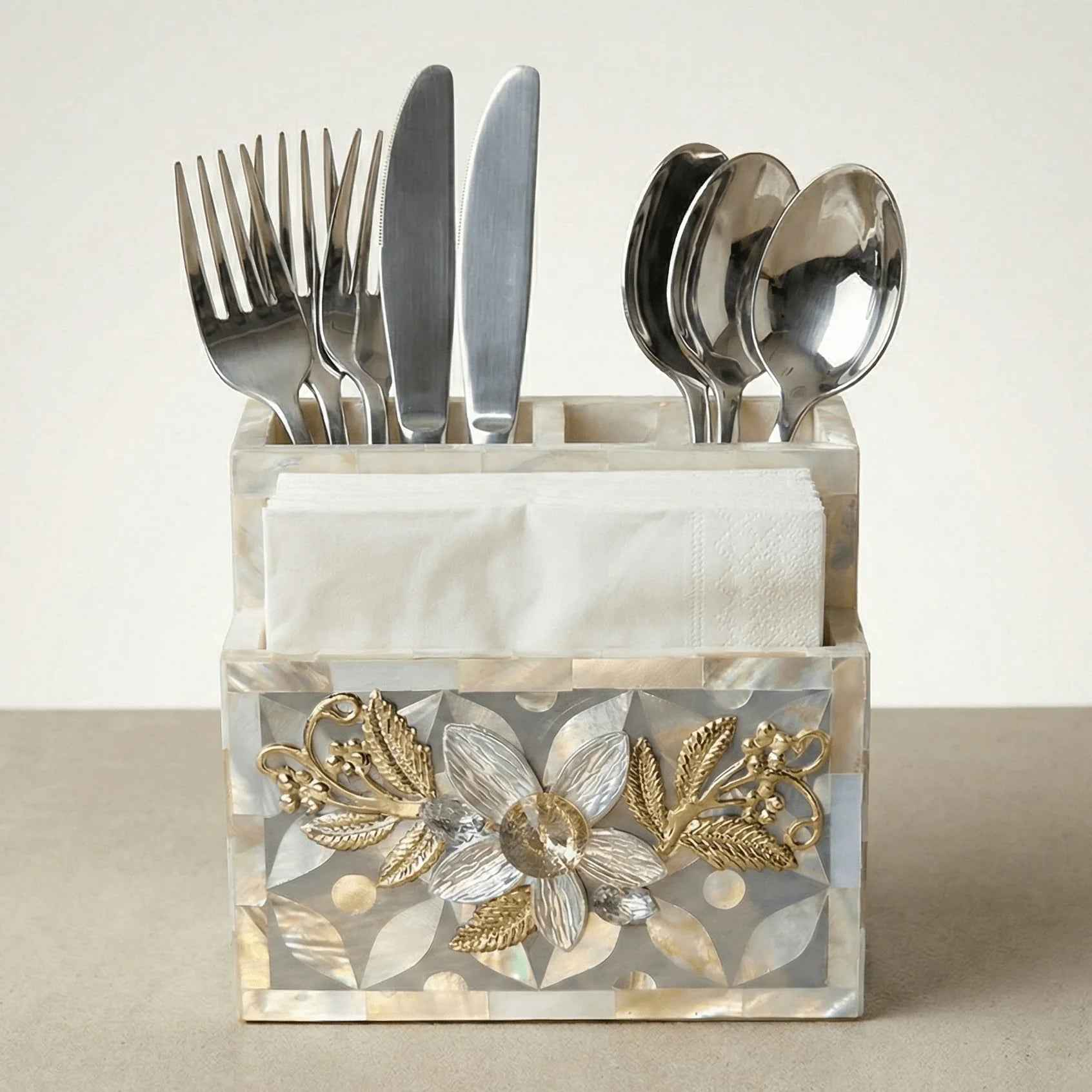 Ethereal Mother of Pearl Cutlery & Tissue Holder | Luxury
 – Chitra Goenka Crafts & Creations