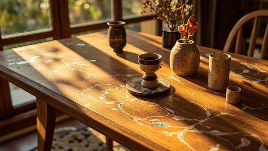warm sunlight on artisan-crafted decor with wood and mother of pearl accents on a table