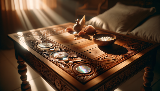 warm sunlight on handcrafted decor pieces blending wood and mother of pearl on a table