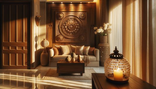 warm living room with artisanal wooden and mother of pearl home decor accents