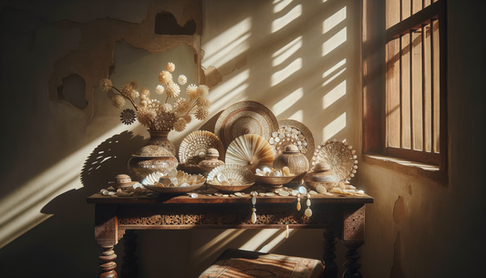 sunlit wooden table with handcrafted decor pieces, rich textures and warm, inviting atmosphere