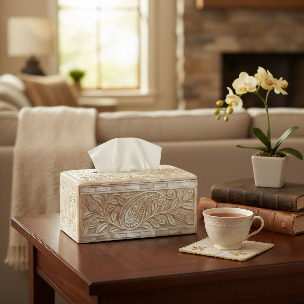 mother of pearl tissue box on wooden table with soft light