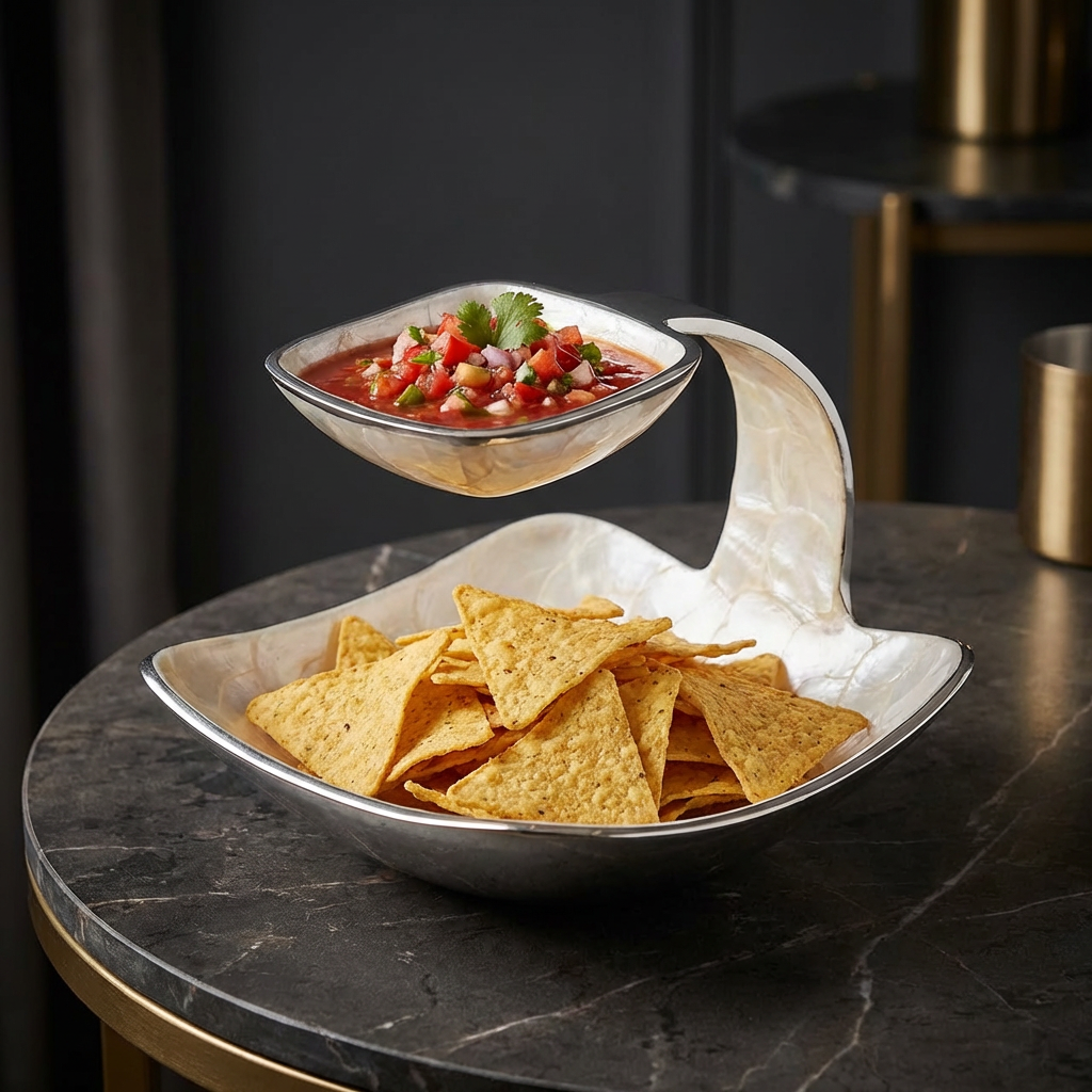 Handcrafted kitty party serving platter with compartments for chips and dip, Indian serveware