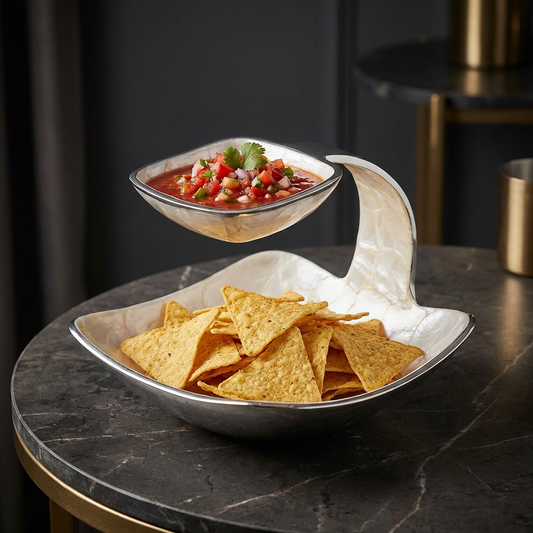 Handcrafted kitty party serving platter with compartments for chips and dip, Indian serveware