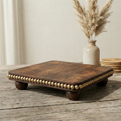 Handcrafted wooden decorative platform with gold bead trim for home decor