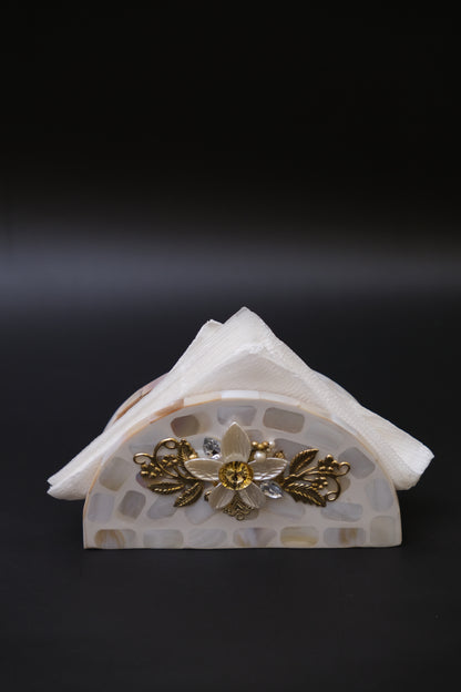 Handcrafted mother of pearl napkin holder with gold floral inlay and white napkins