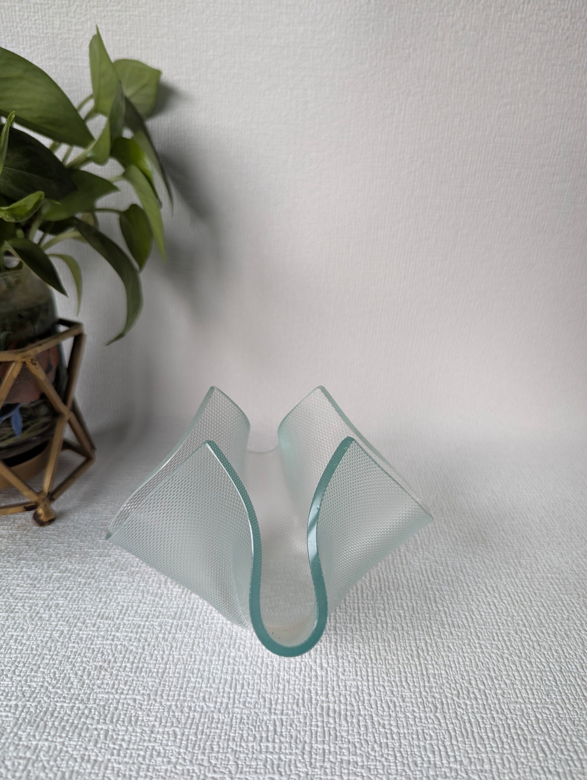 Frosted glass decorative bowl with wave design on textured white surface, green plant nearby