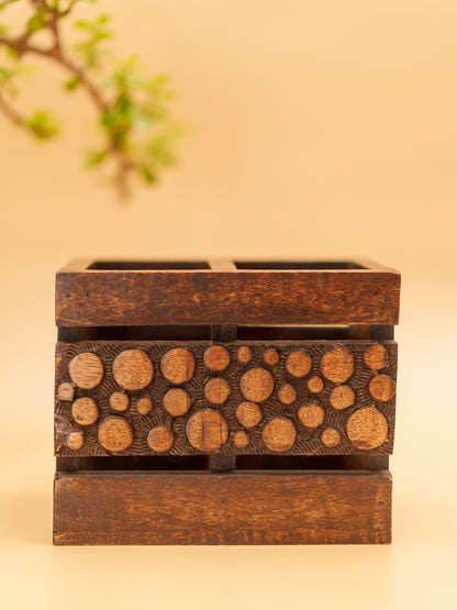 Handcrafted wooden pen holder with carved circular patterns, Indian home decor