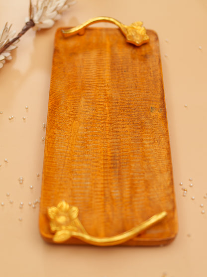 Rectangular wooden tray with gold floral handles, handcrafted Indian home decor