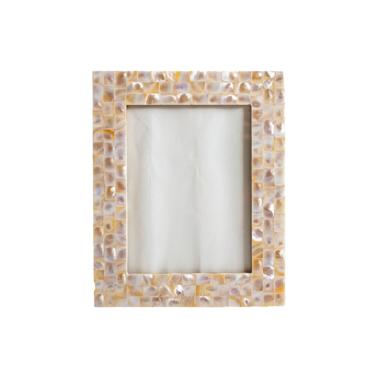 Rectangular mother of pearl mosaic photo frame with cream and gold tones, Indian home decor