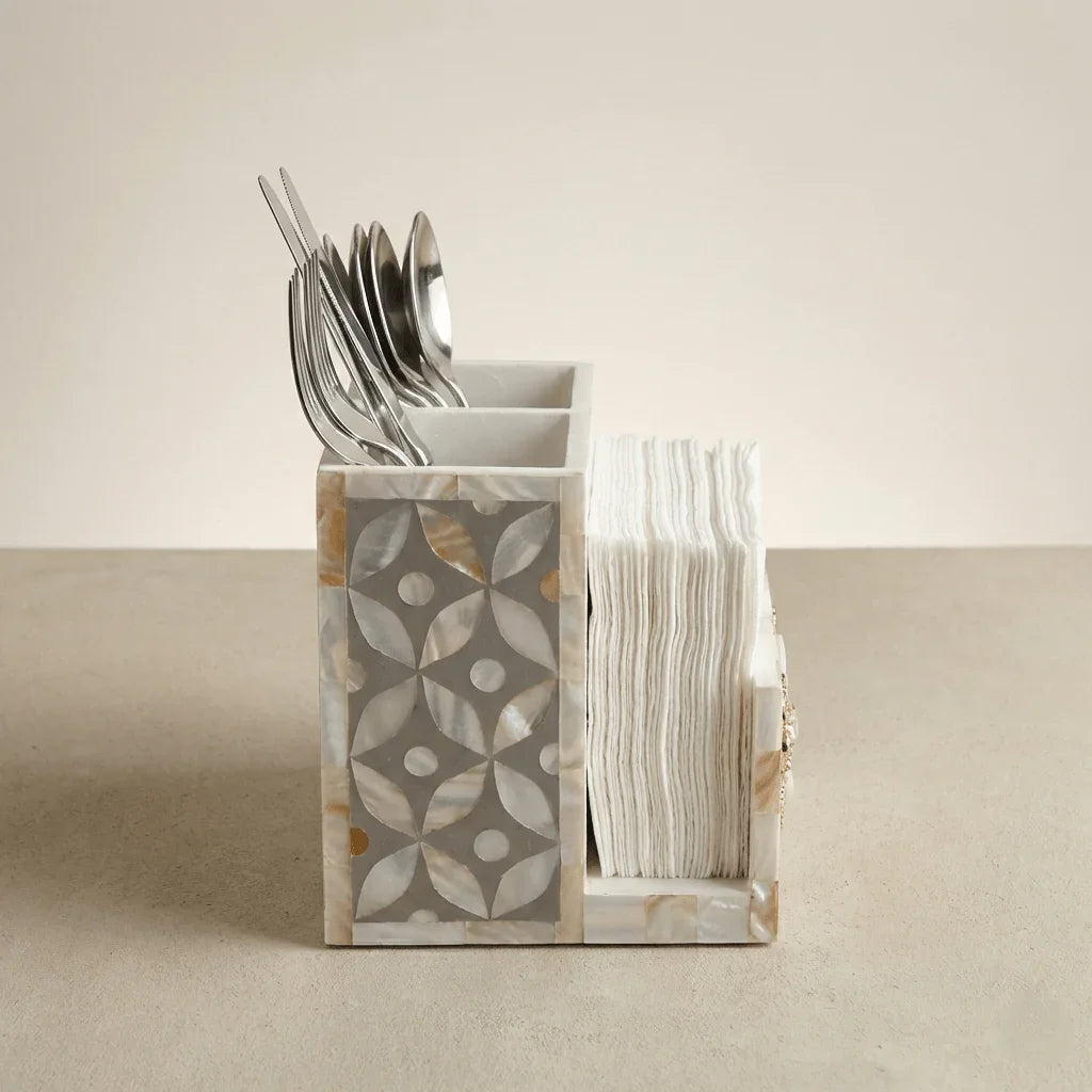 Designer Ethereal - Mother of Pearl - Cutlery & Tissue Holder - Chitra Goenka Crafts & Creations