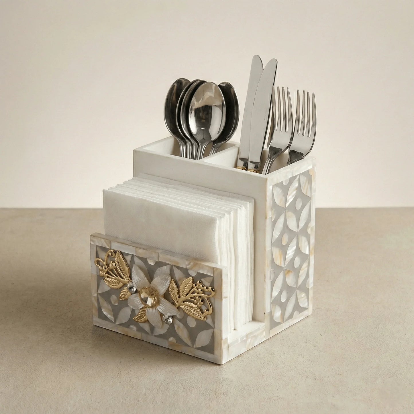 Designer Ethereal - Mother of Pearl - Cutlery & Tissue Holder - Chitra Goenka Crafts & Creations