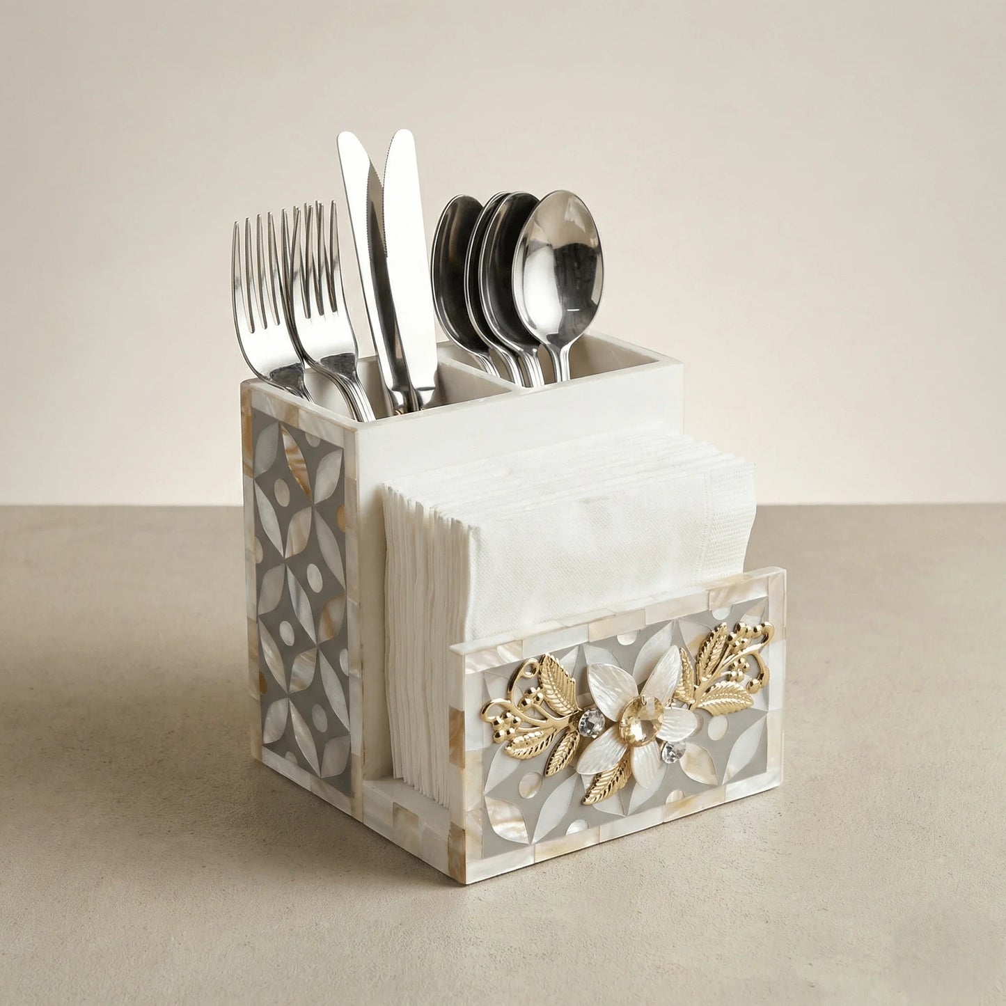 Designer Ethereal - Mother of Pearl - Cutlery & Tissue Holder - Chitra Goenka Crafts & Creations