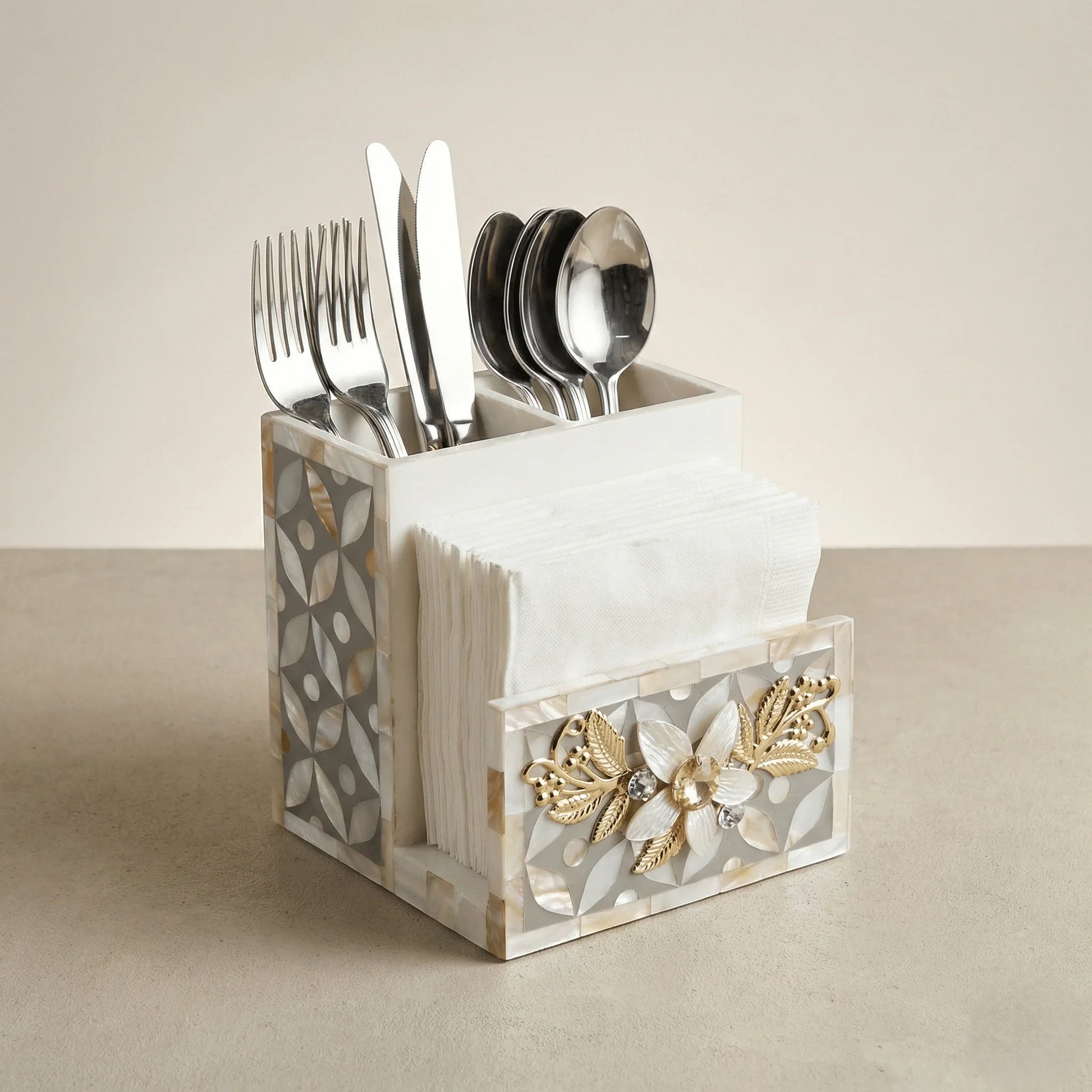Designer Ethereal - Mother of Pearl - Cutlery & Tissue Holder - Chitra Goenka Crafts & Creations
