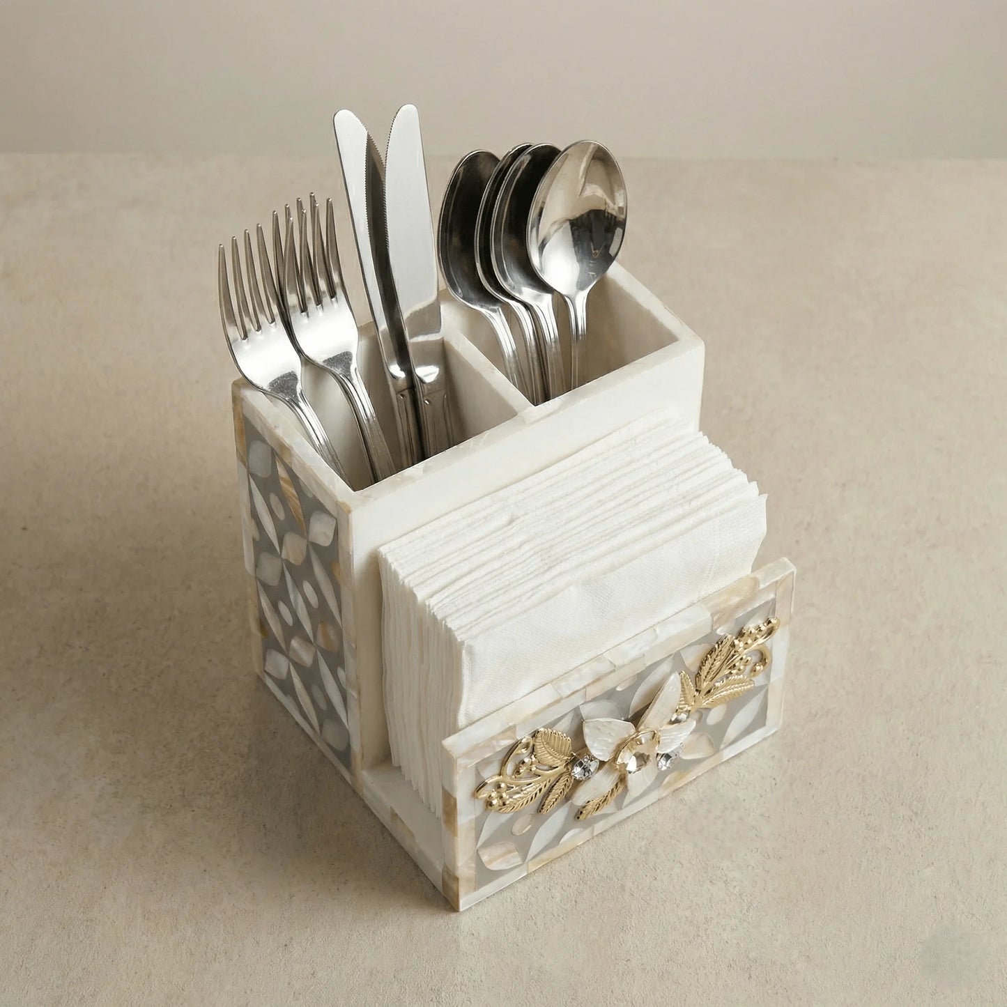 Designer Ethereal - Mother of Pearl - Cutlery & Tissue Holder - Chitra Goenka Crafts & Creations