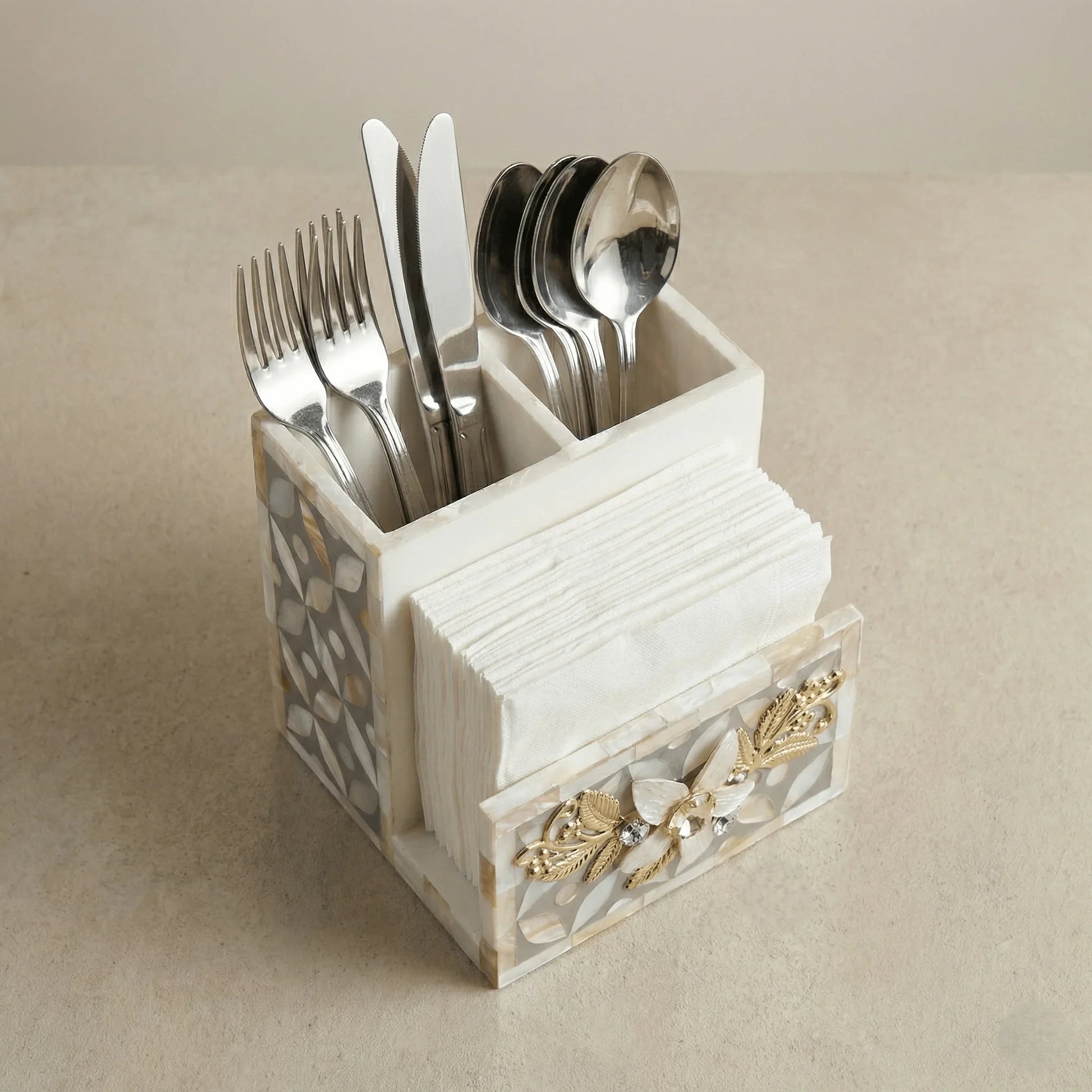 Designer Ethereal - Mother of Pearl - Cutlery & Tissue Holder - Chitra Goenka Crafts & Creations