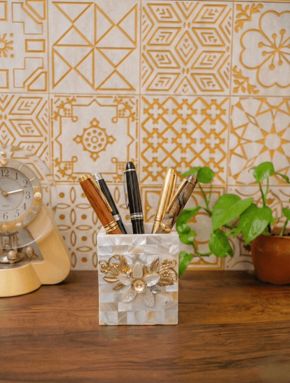 Designer Mother of Pearl Pen & Brush Stand - Chitra Goenka Crafts & Creations